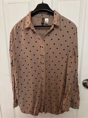H&M Taupe Button-Down Shirt with Black Polka Dots